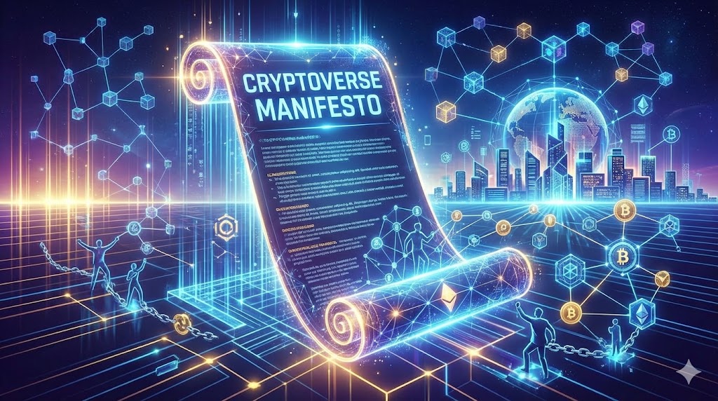 Cryptoverseマニフェストのアイキャッチ画像。人間主権の回復を宣言する光るデジタルスクロールと、ブロックチェーンで繋がる未来都市のコンセプトアート。