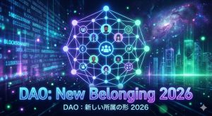 未来的なデジタル都市とデータストリームを背景に、六角形のネットワーク構造で繋がる多様な人々のアバター。「DAO: New Belonging 2026」「DAO : 新しい所属の形 2026」というネオン風のタイトル文字が配置されたアイキャッチ画像。