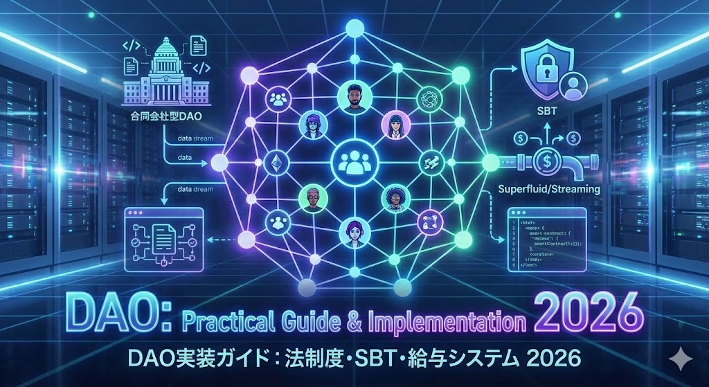未来的なサーバー空間に浮かぶDAOのネットワーク図と、合同会社型DAO・SBT・Superfluid（給与ストリーミング）を示す技術アイコン。「DAO: Practical Guide & Implementation 2026」「DAO実装ガイド」というタイトル文字が配置されたアイキャッチ画像。