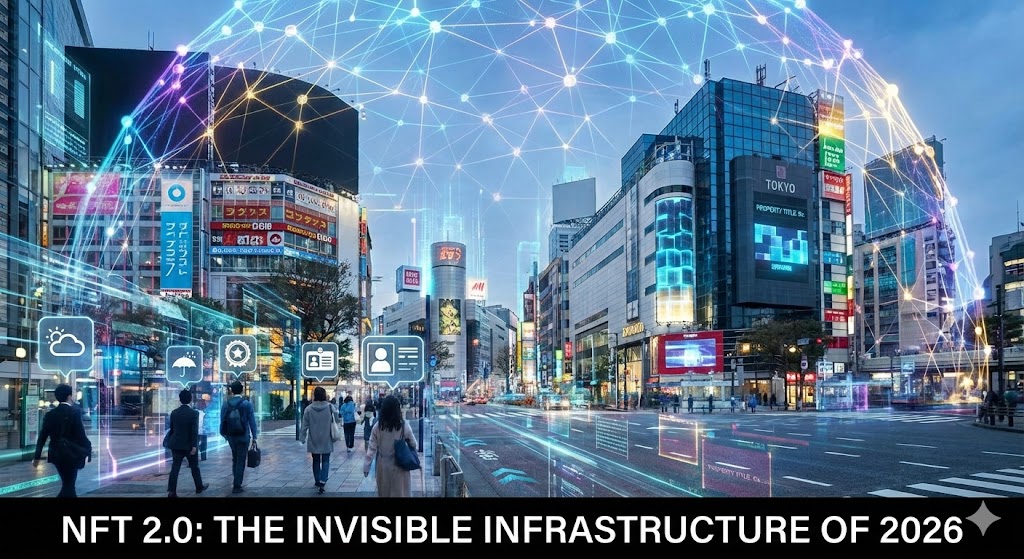2026年の東京の街並みに重なるデジタルネットワークの光。人々や建物の上にIDや権利証などのアイコンが浮かび、NFTが社会インフラとして機能している様子を描いたイメージ図。