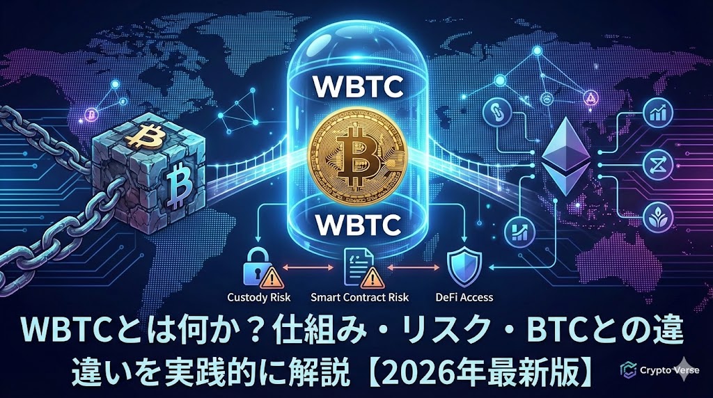ビットコインがカプセル（WBTC）に包まれ、イーサリアムのエコシステムへ橋渡しされるイメージ。カストディリスクやスマートコントラクトリスクの警告アイコンが添えられた、2026年版WBTC解説記事のアイキャッチ画像。