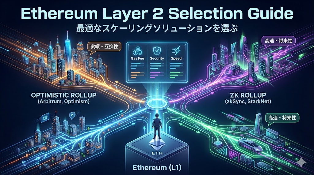 イーサリアムLayer 2選択ガイドのアイキャッチ画像。L1を基盤に、実績・互換性の「Optimistic Rollup（Arbitrum, Optimism）」と、高速・将来性の「ZK Rollup（zkSync, StarkNet）」への分岐路と、ガス代・セキュリティ・速度の比較を示した未来的なコンセプトアート。