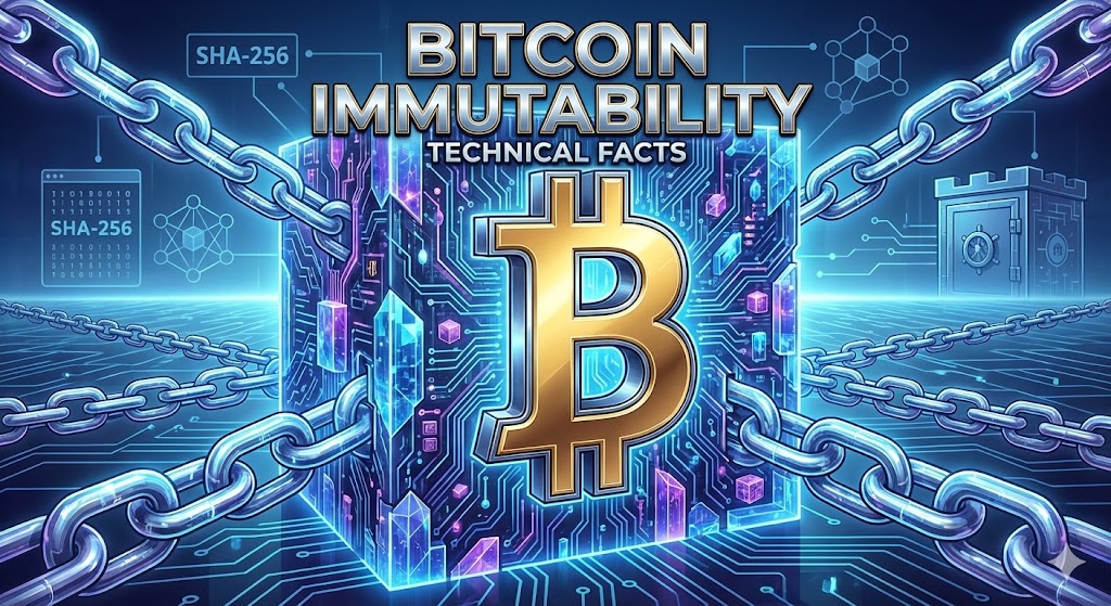 頑丈な鎖で守られたビットコインのブロックと、背景にSHA-256などの技術用語が浮かぶイメージイラスト