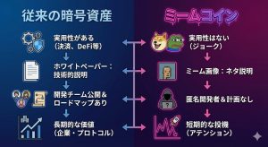 技術的な「手軽さ」と法的な「重さ」の対比。左側はPump.funによる発行の民主化（光）、右側は日本の資金決済法・金商法が科す刑事罰（影）のリスク
