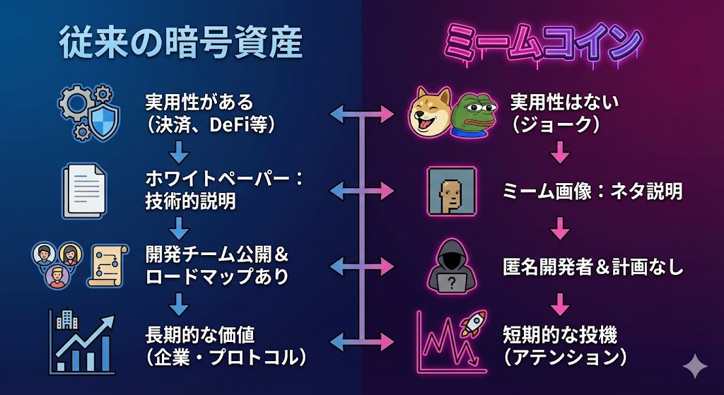 技術的な「手軽さ」と法的な「重さ」の対比。左側はPump.funによる発行の民主化（光）、右側は日本の資金決済法・金商法が科す刑事罰（影）のリスク