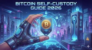 近未来的なセキュリティデバイスでビットコインを保護する手元と『BITCOIN SELF-CUSTODY GUIDE 2026』のタイトルロゴ