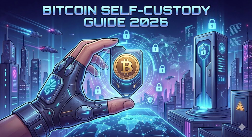 近未来的なセキュリティデバイスでビットコインを保護する手元と『BITCOIN SELF-CUSTODY GUIDE 2026』のタイトルロゴ