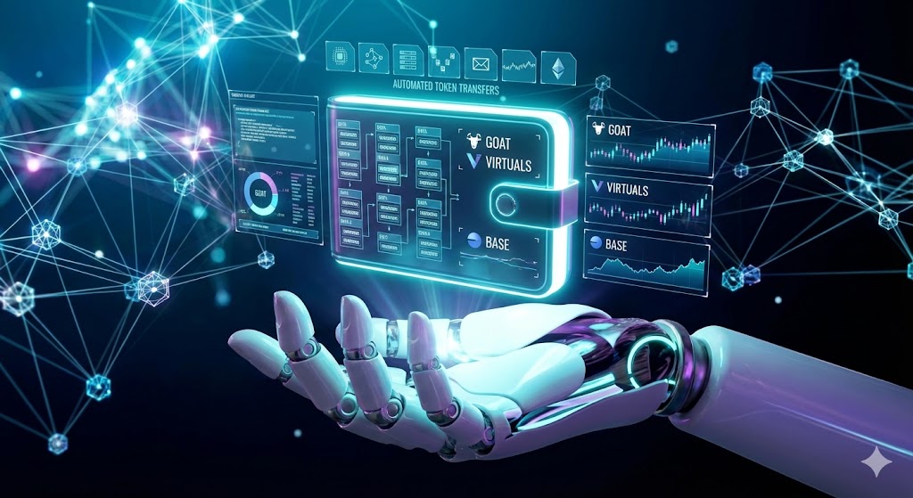 近未来的なロボットの手が、輝くデジタルウォレット（ハードウェアウォレット）を持っている3Dイラスト。ホログラム画面には「GOAT」「VIRTUALS」「BASE」の文字と共に、自動化された取引チャートやデータストリームが表示されている。背景はブロックチェーンとニューラルネットワークが融合したサイバーパンクな青色の空間。
