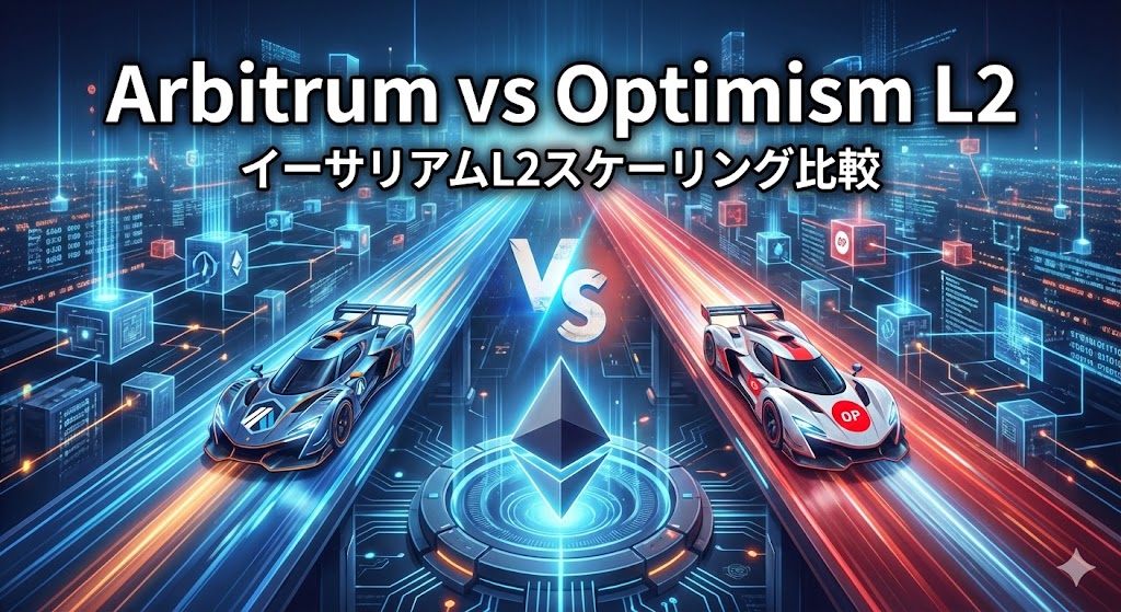 イーサリアムのレイヤー2ソリューション、Arbitrum（青）とOptimism（赤）が高速道路で競い合う様子を描いた比較イメージイラスト」