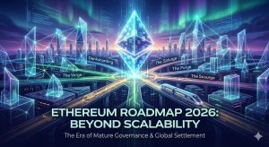 未来都市の中心に輝くイーサリアムのロゴと、The VergeやThe Scourgeなど2026年のロードマップフェーズを示す光のライン