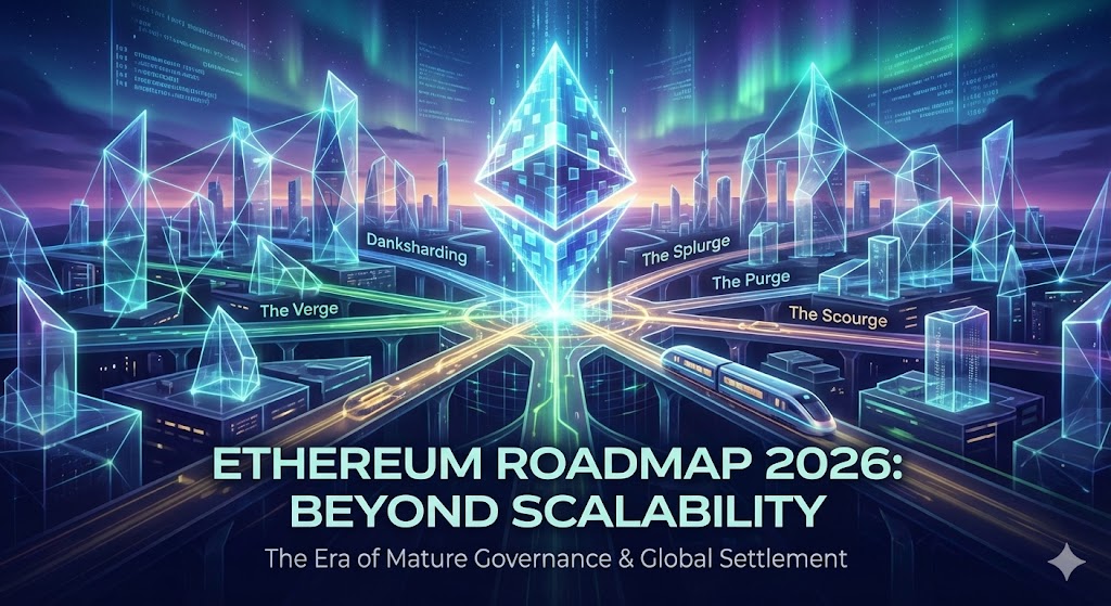 未来都市の中心に輝くイーサリアムのロゴと、The VergeやThe Scourgeなど2026年のロードマップフェーズを示す光のライン