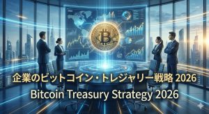 2026年の未来的な高層ビルを見下ろす会議室で、スーツを着た男女4人のビジネスパーソンが、テーブル中央に浮かび上がるビットコインのロゴと複雑な金融チャート、世界地図のホログラムを見ている。画像の上部には「企業のビットコイン・トレジャリー戦略 2026」、下部には「Bitcoin Treasury Strategy 2026」というテキストが大きく表示されている。企業の財務戦略としてのビットコイン活用を表現したデジタルアートのアイキャッチ画像。