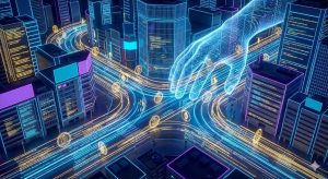 近未来の都市を流れる光のライン（通貨の移動）と、それを導く巨大なデジタルの手。ビットコインやイーサリアムのシンボルが浮かび、スマートコントラクトによって制御される「意志を持つお金」の概念を表したイラスト。