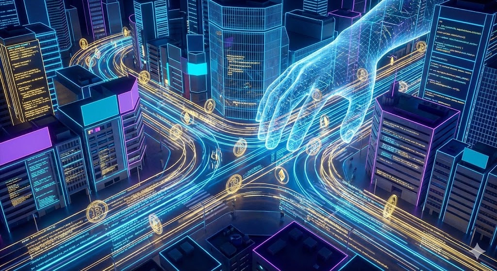 近未来の都市を流れる光のライン（通貨の移動）と、それを導く巨大なデジタルの手。ビットコインやイーサリアムのシンボルが浮かび、スマートコントラクトによって制御される「意志を持つお金」の概念を表したイラスト。