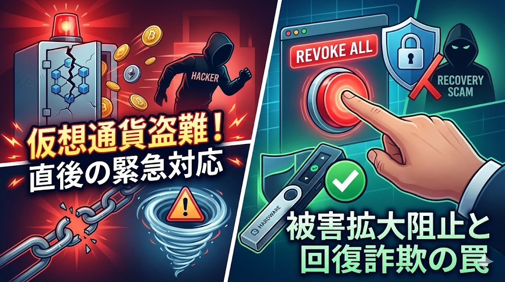 仮想通貨盗難時の緊急対応と回復詐欺への警告を示すアイキャッチ画像。左側にハッキングによる資産流出、右側にRevoke（承認取消）ボタンとコールドウォレットによる被害拡大阻止を描写。