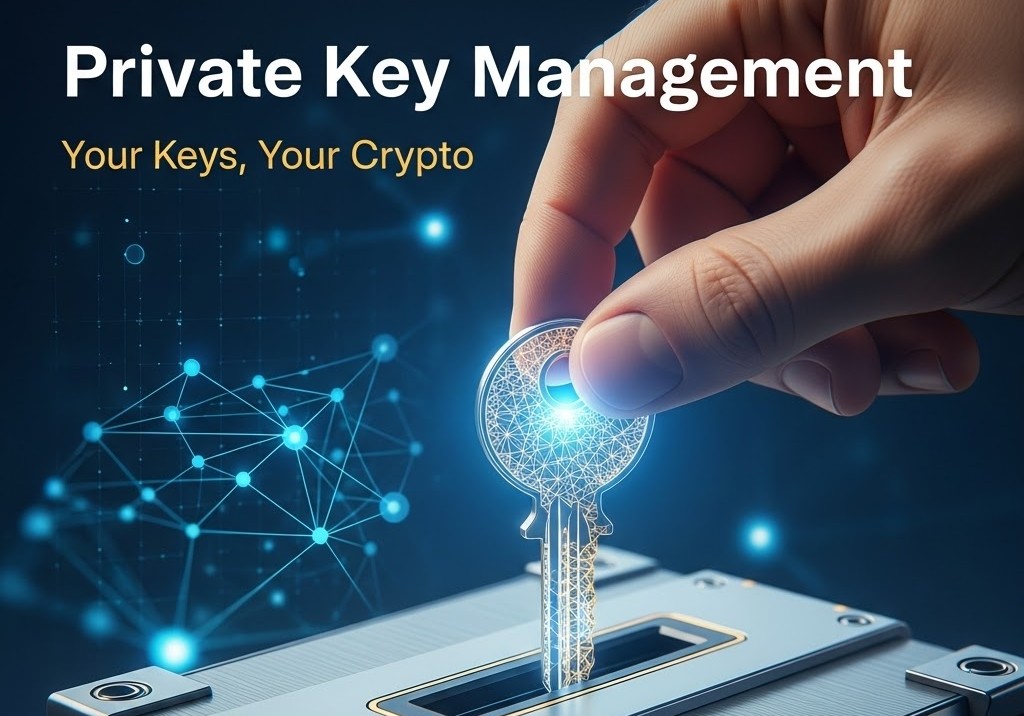 秘密鍵管理ガイドのアイキャッチ画像。光るデジタルキーを堅牢なコールドウォレットに保管する様子を描き、自己主権とセキュリティの重要性を表現。